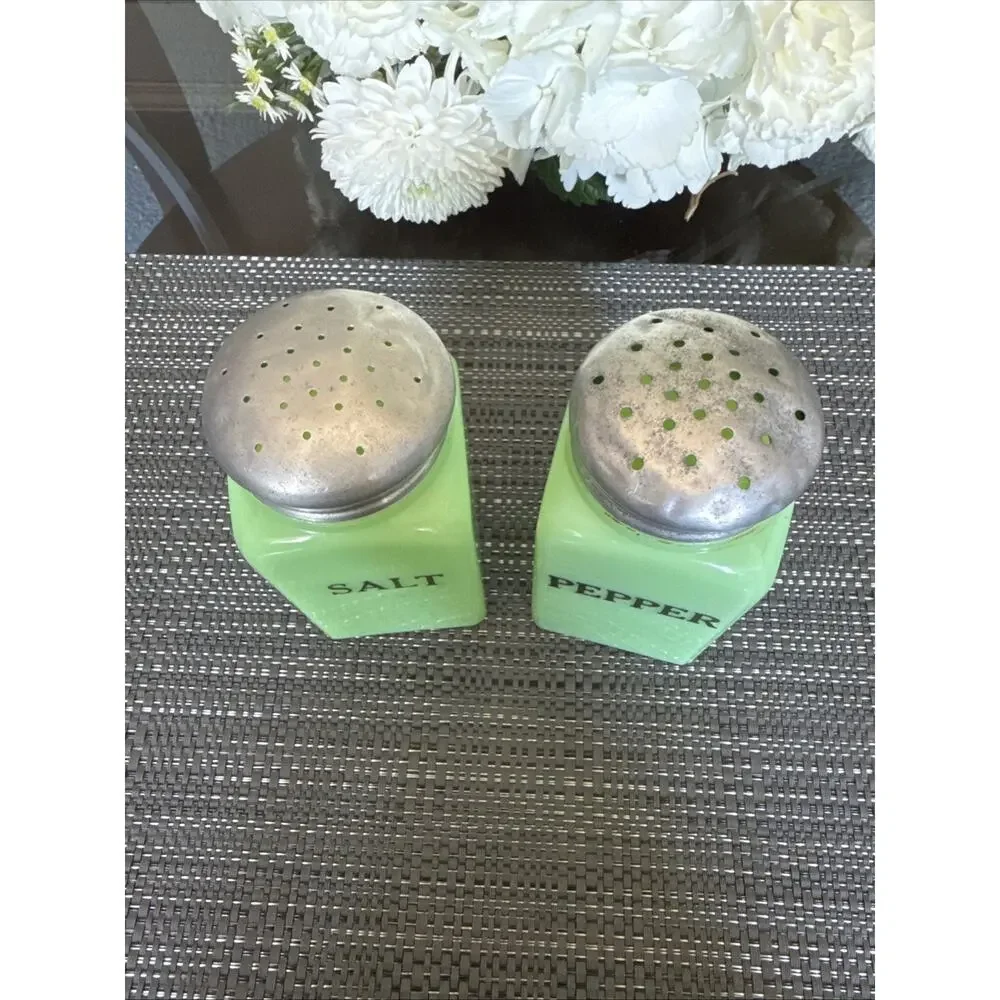 Jadeite Salt and Pepper Shakers Green Art Deco Glass